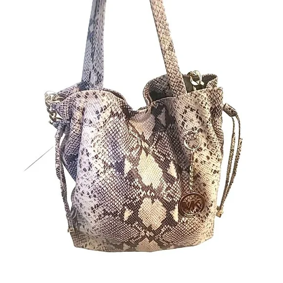 Michael Kors Python Embossed Leather Drawstring Bucket Tote Satchel Shoulder Bag - Picture 3 of 16